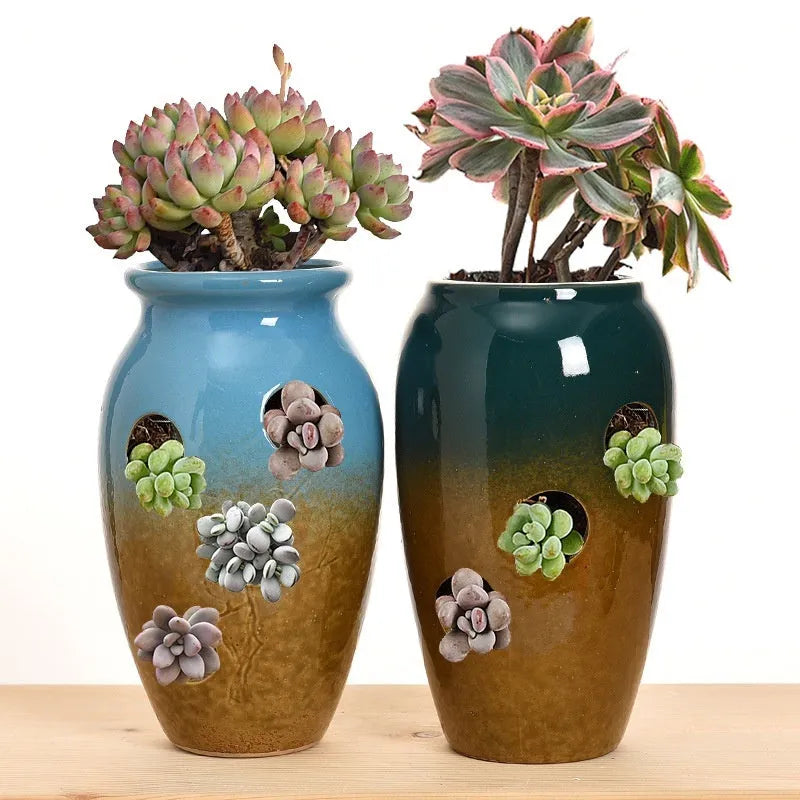 Pair of ceramic stoneware flower pots, 14cm height, 11cm and 10.5cm calibre, small succulent planters