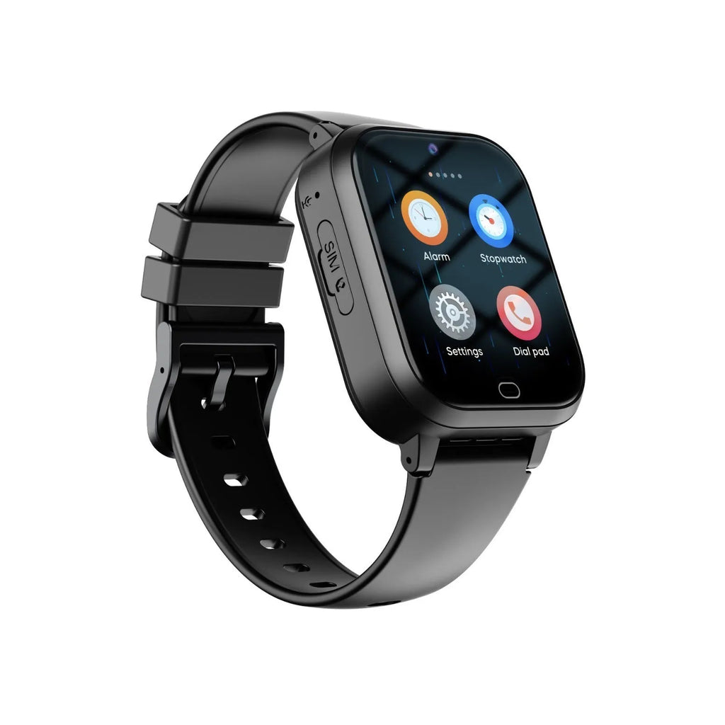 Child smart phone watch in black with 1.83-inch screen and wrist strap, 4G waterproof, ABS material