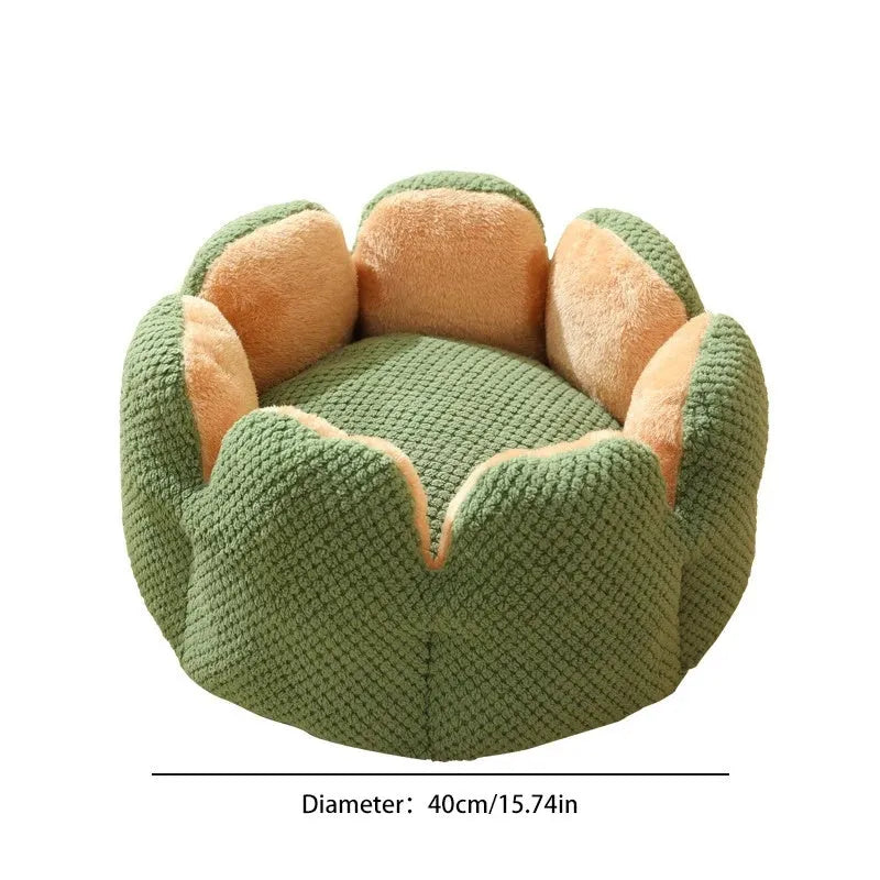 Green cactus petal shaped cat bed cave design with soft plush surface and non-slip bottom on hardwood floor