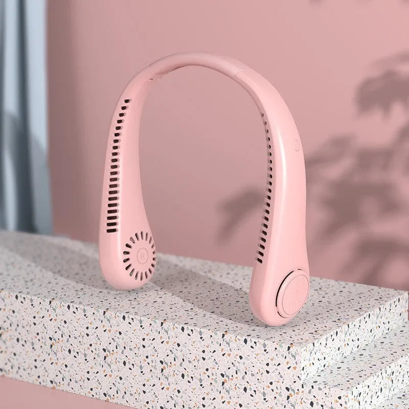 Blue portable bladeless neck fan with flexible collar and USB charging cable
