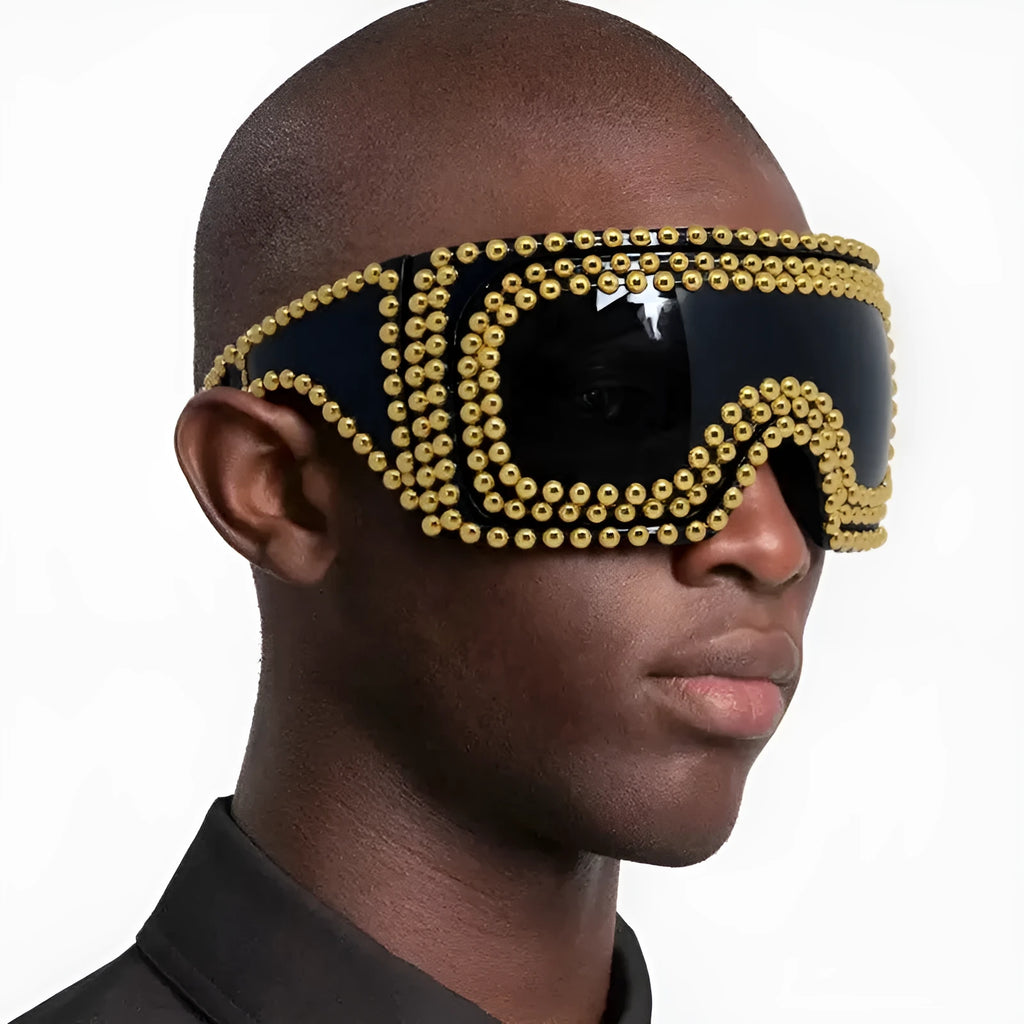 Men's square punk sunglasses with large rim and silver rivets on PC frame