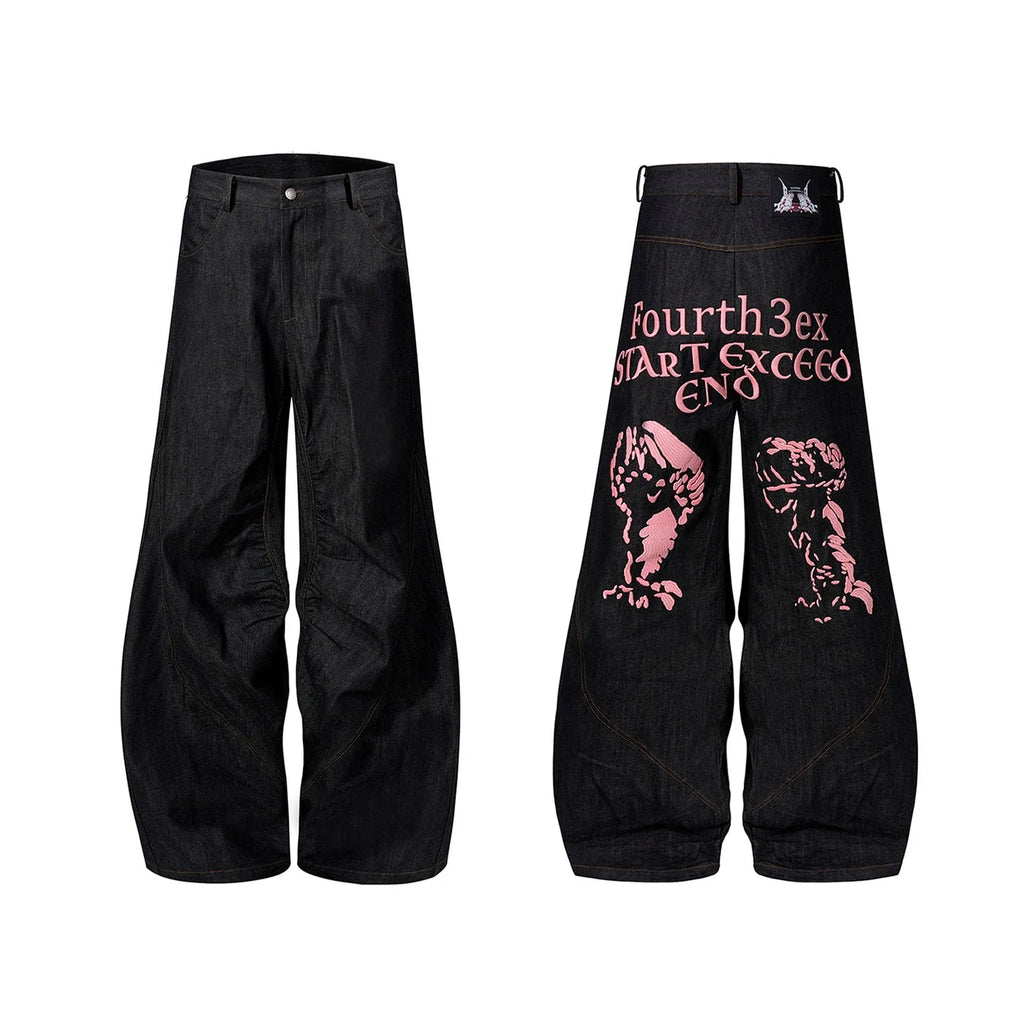 Black temperature-sensitive colour-changing embroidered red ear wide leg jeans in cotton denim