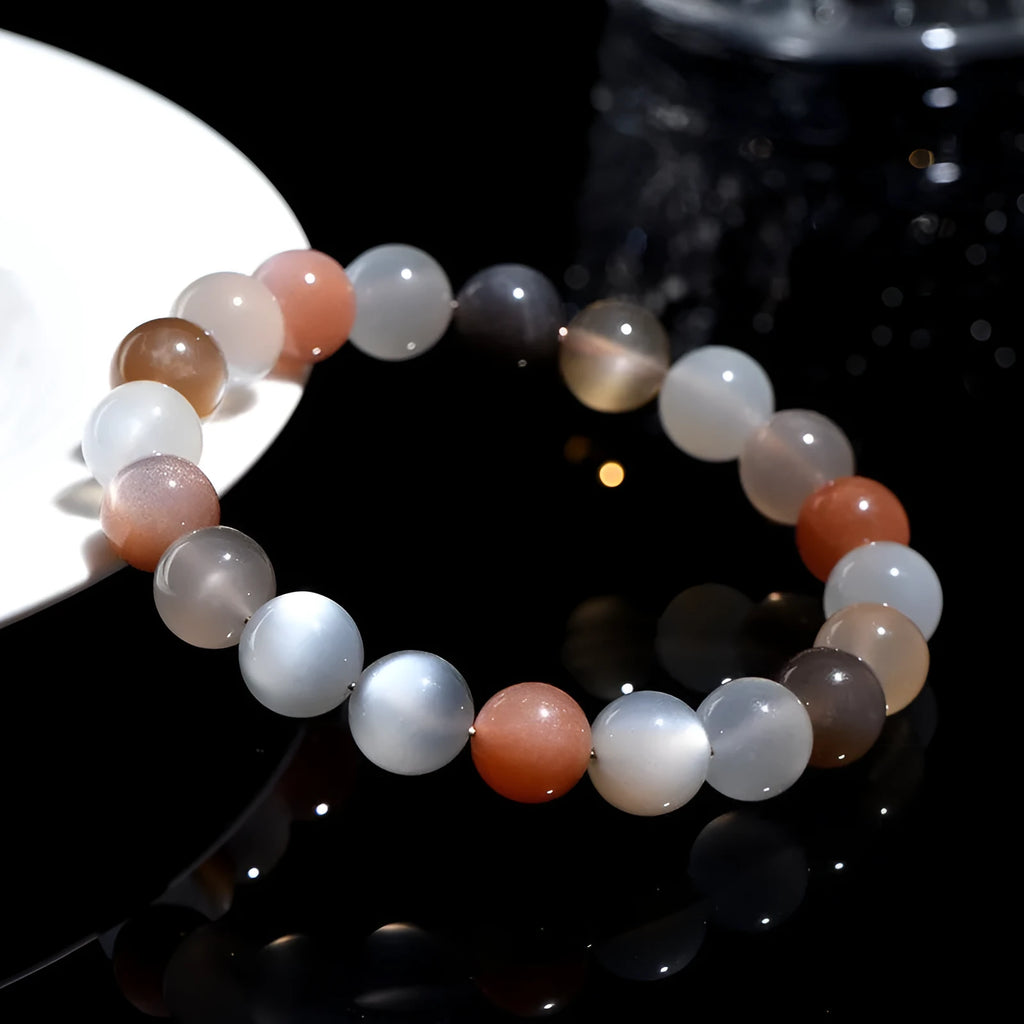 Natural colourful moonlight bracelet with 8mm moonstone beads on wrist