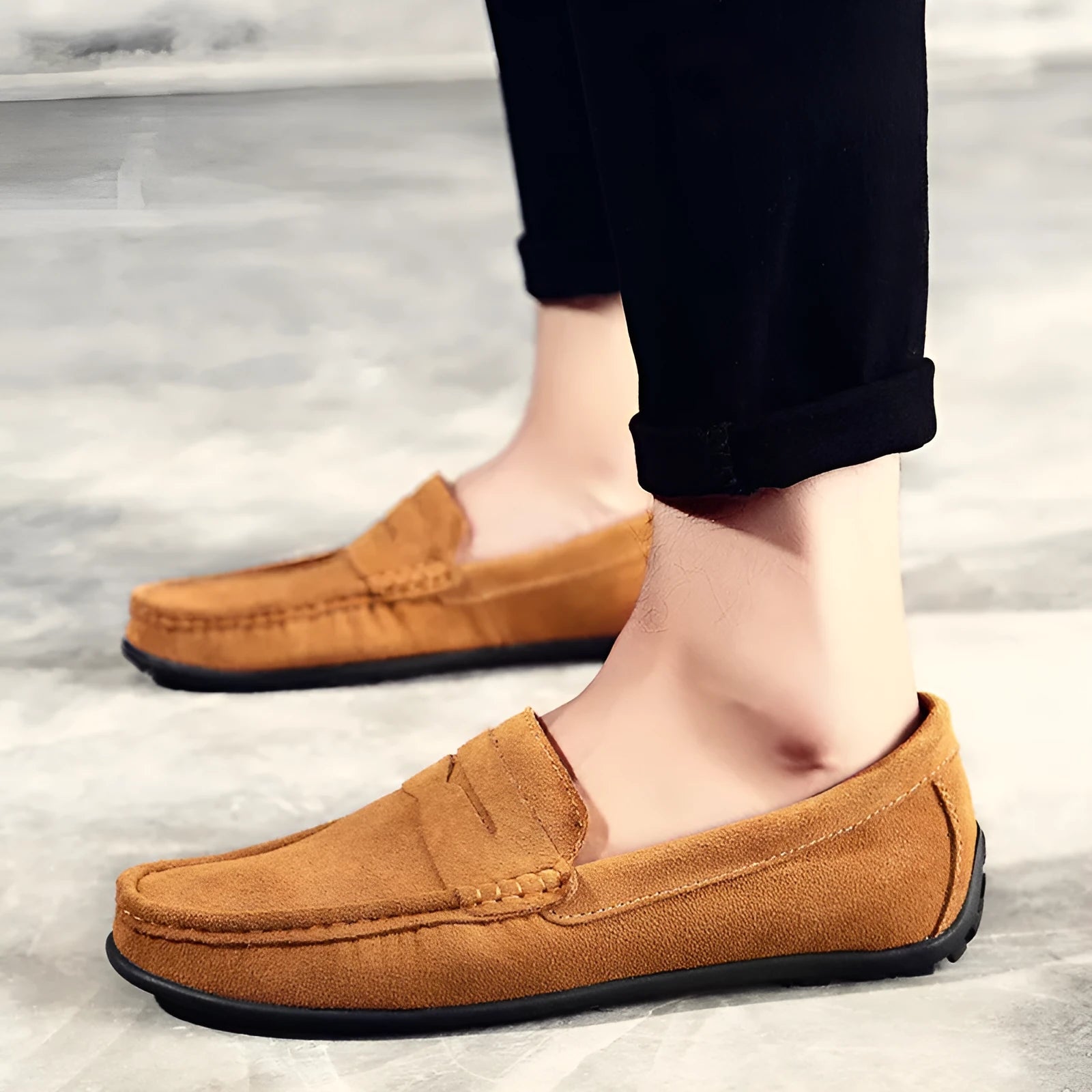 Men's brown suede leather casual loafers with rubber sole and round toe.