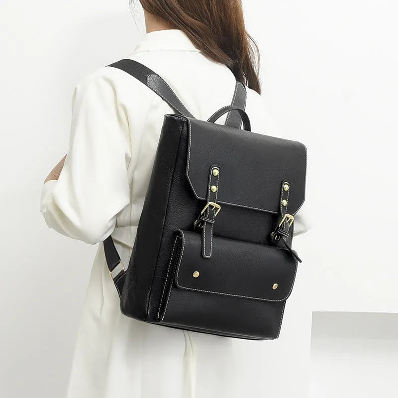 Korean style retro backpack in soft PU leather showing ventilation features and available colour options