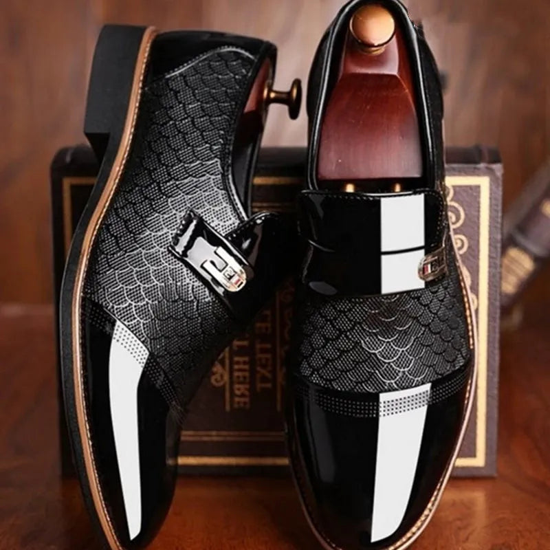 Big Code men's black leather casual office shoes with lace-up front and flat heel, side view