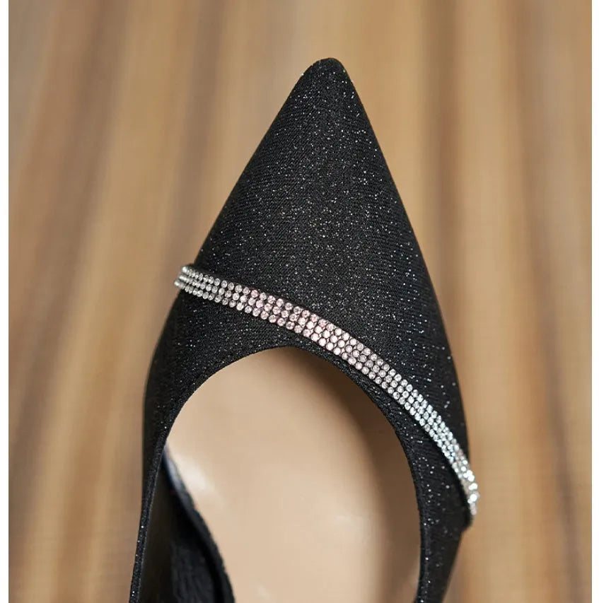 French style sequined black high heels with 7cm thin heel and low upper