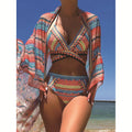 Women's three-piece bikini swimsuit with cross bandage bra, high waist briefs, and sheer mesh veils in multiple colour options