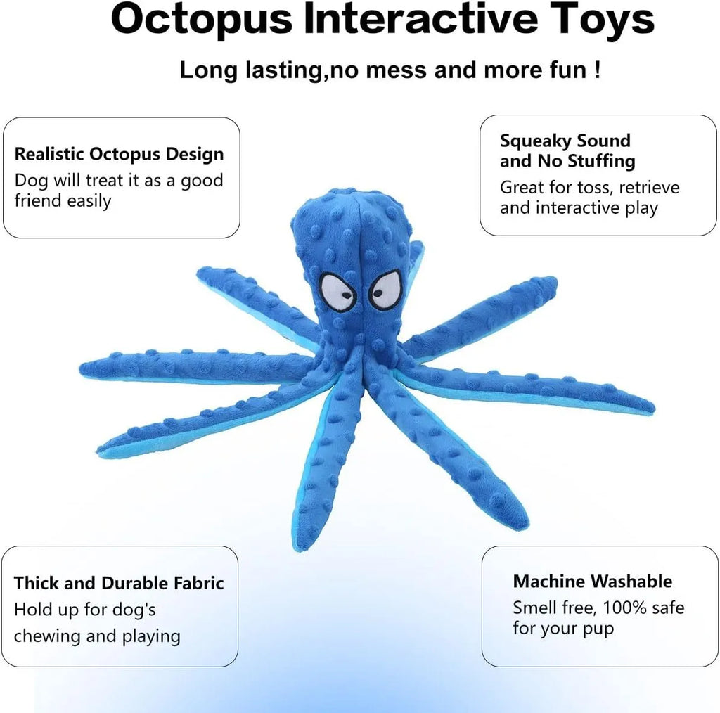 Blue octopus plush dog toy with no stuffing, featuring crinkle paper and squeaker sounds for interactive chew play.