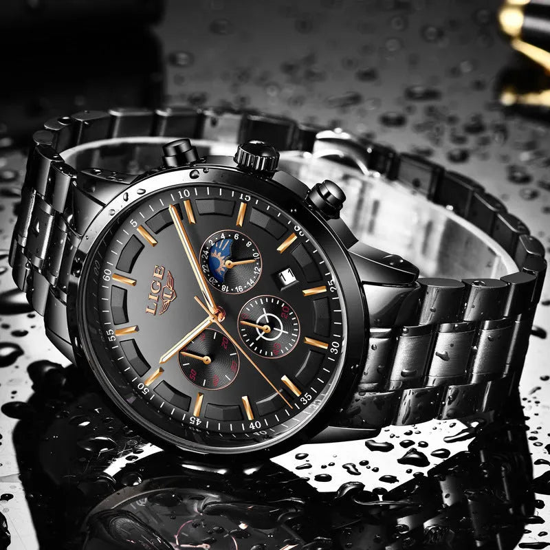 Men's black and rose red gold quartz sports watch with waterproof construction and digital display