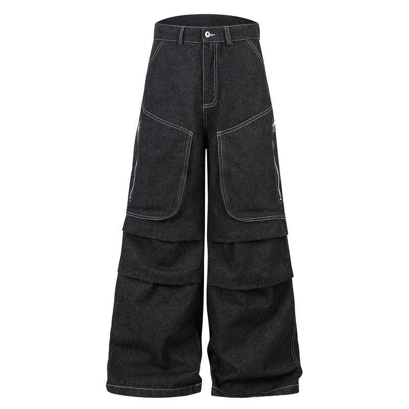 Multi-pocket pleated black denim workwear trousers for teenagers with zip placket