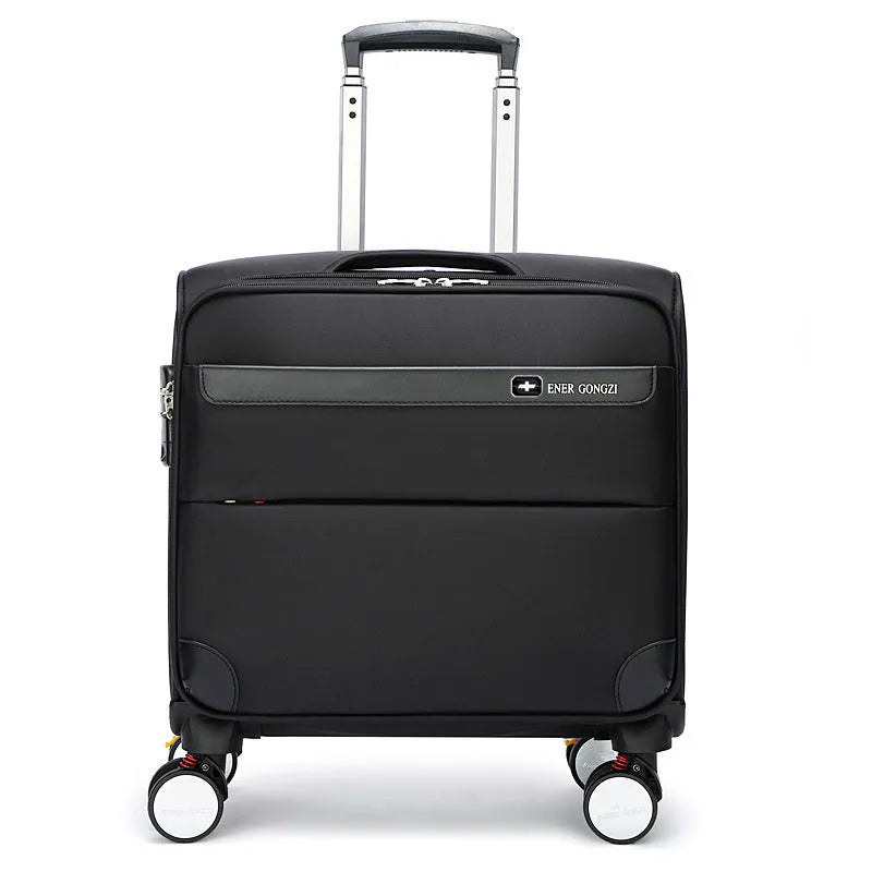 Black 18-inch Oxford cloth business travel suitcase with retractable handle and universal wheels.