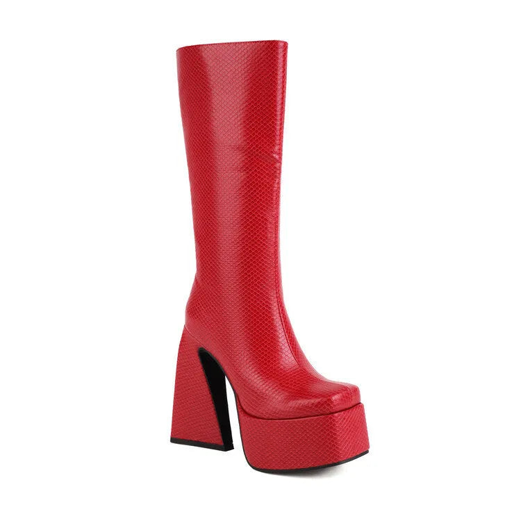 Women's black casual high boots made of synthetic PU leather, shown in a side view.