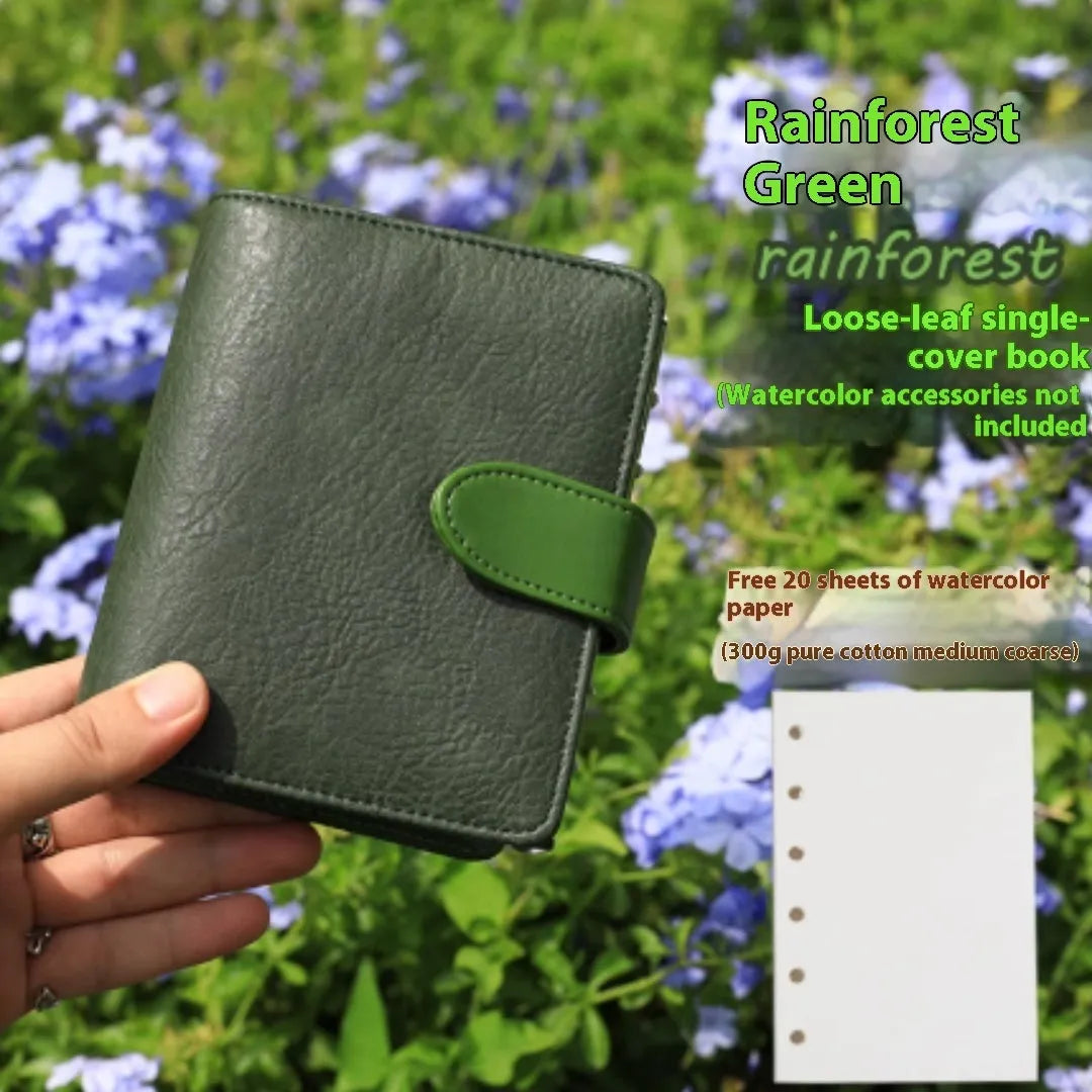 A7 loose-leaf watercolour book shown in five colour options: avocado green, hazelnut brown, mango pudding, mocha coffee and rainforest green