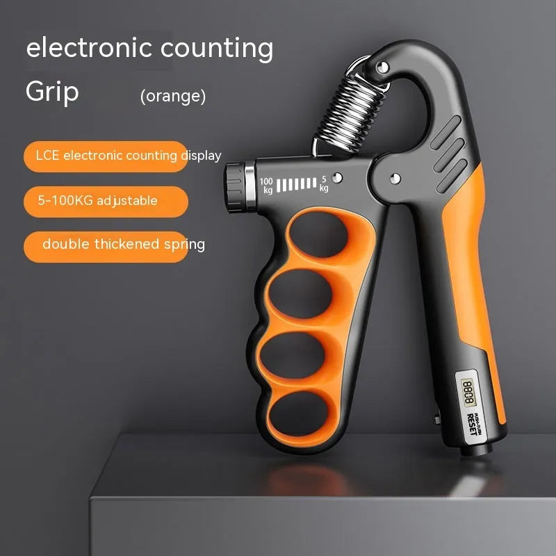 Adjustable electronic counter spring grip in orange colour with digital display.