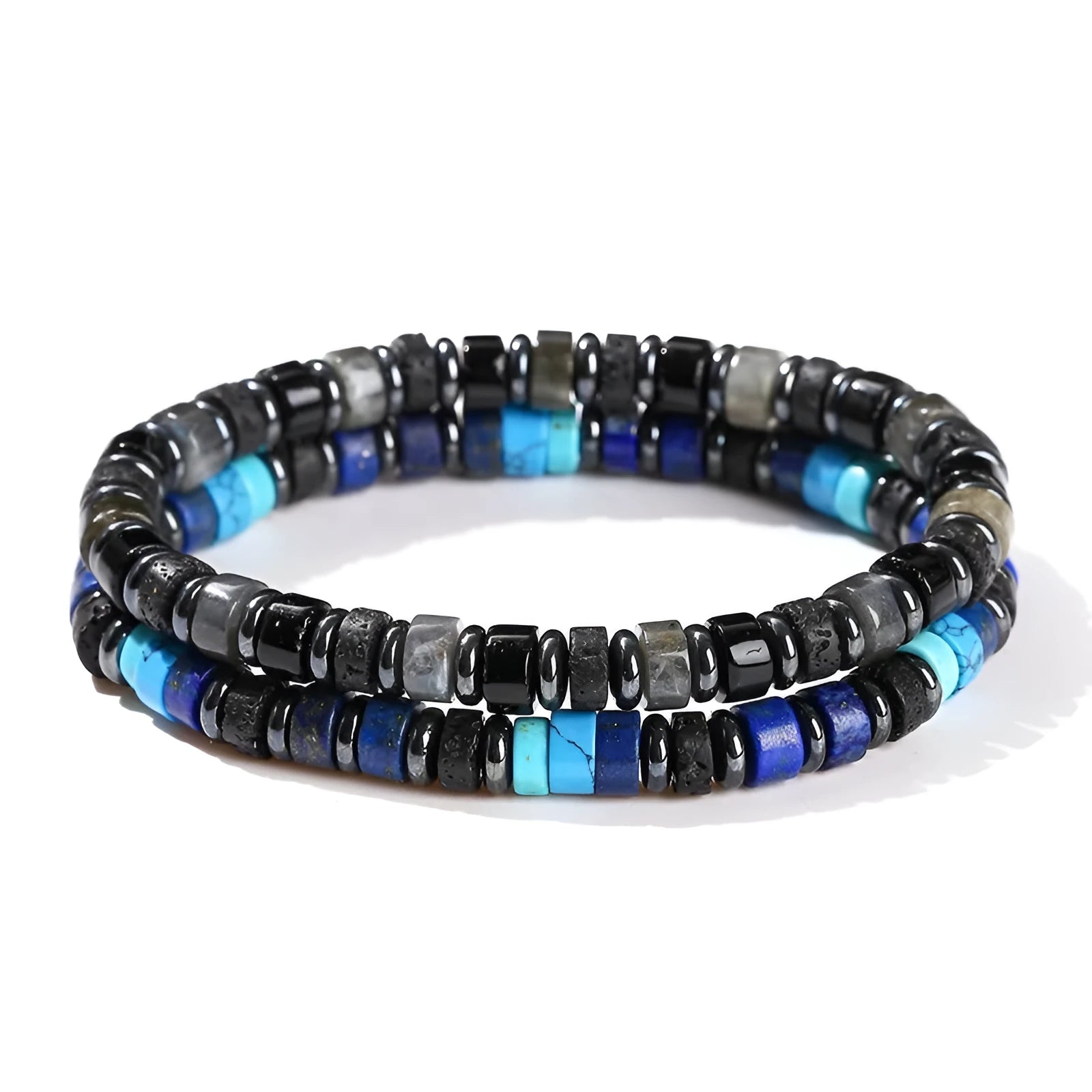 Natural haematite spacer bead bracelet with volcanic rock and aragonite interval beads, 6mm, simple unisex style