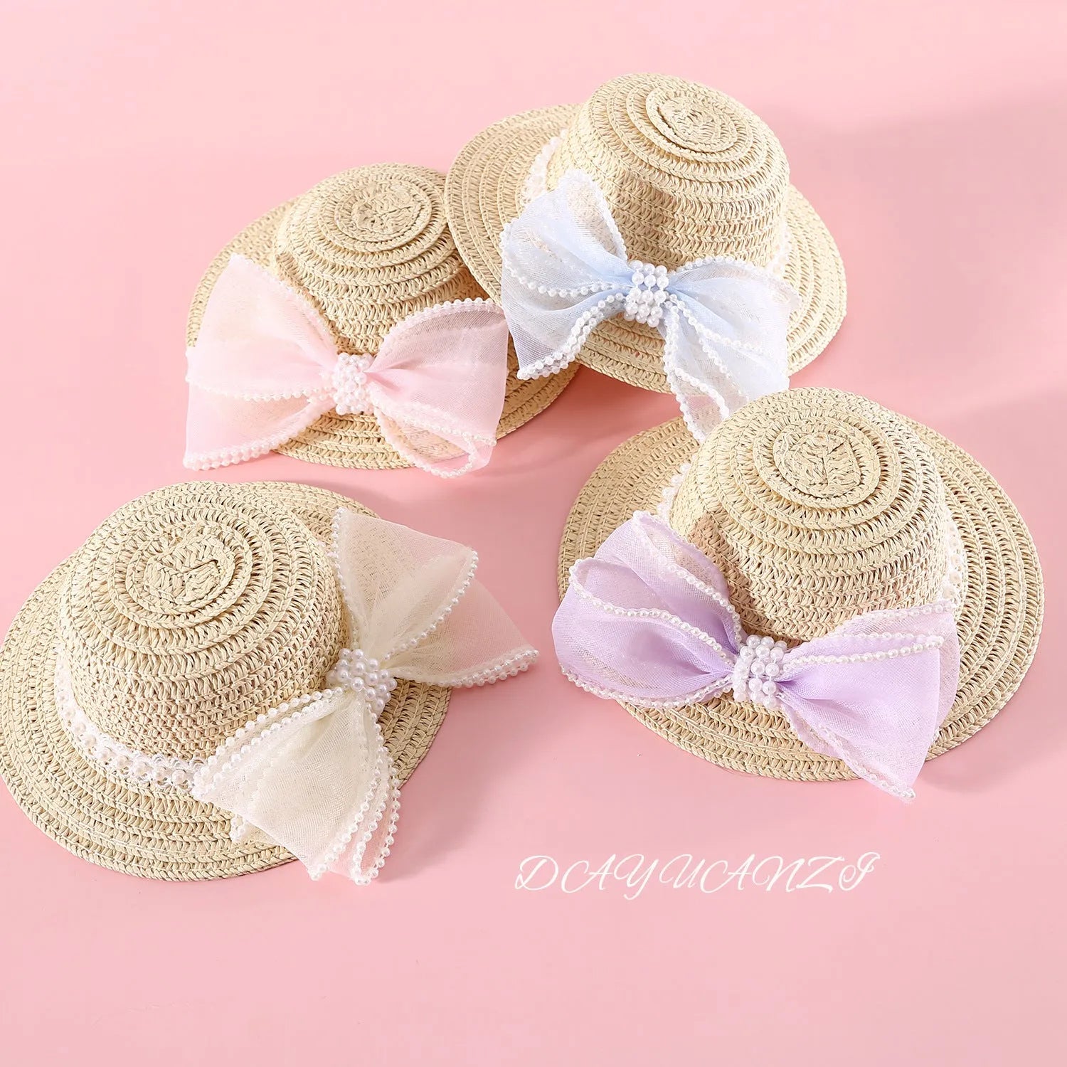 Woven Lafite leaves cat hat with pearl butterfly bow in pink blue purple or white