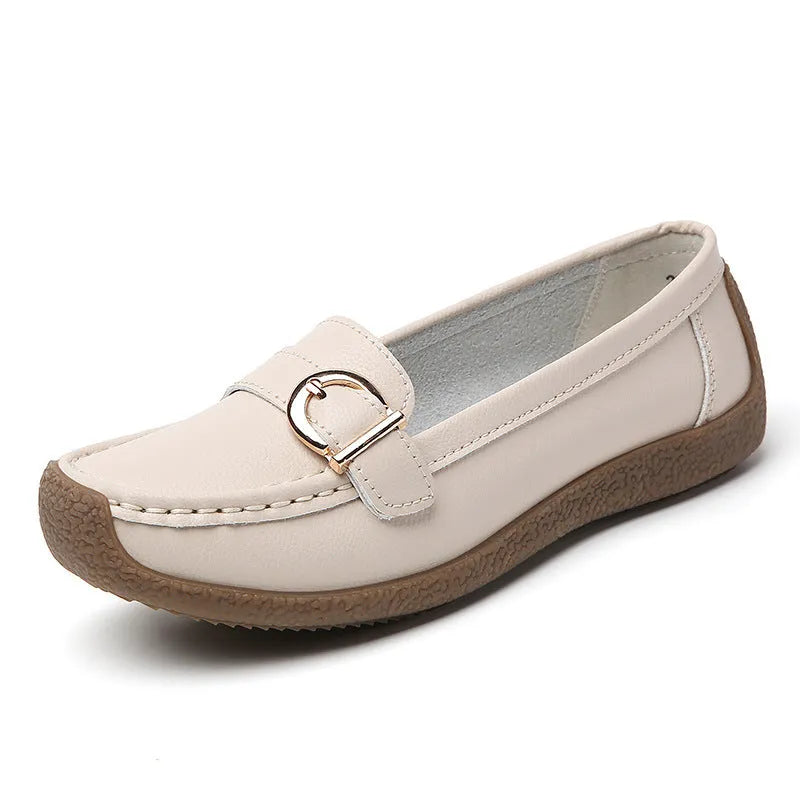 Women's casual loafers in beige with flat heel, round toe, and soft bottom