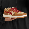 Women's brown casual sneakers with sequin detailing, platform mid heel, and low-top round toe design