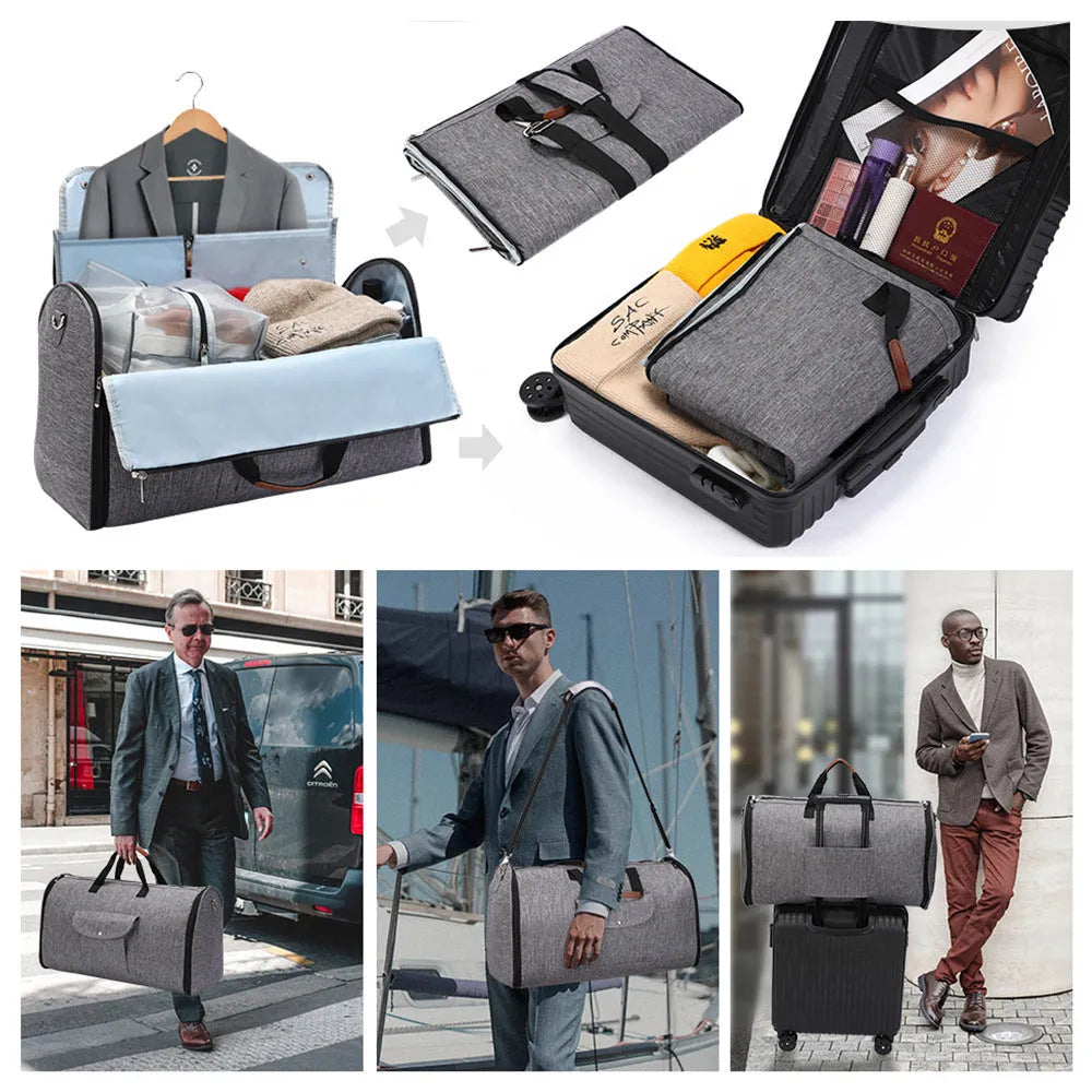 Folding duffel luggage bag in dark blue, suitable for travel and gym, made from Oxford cloth.