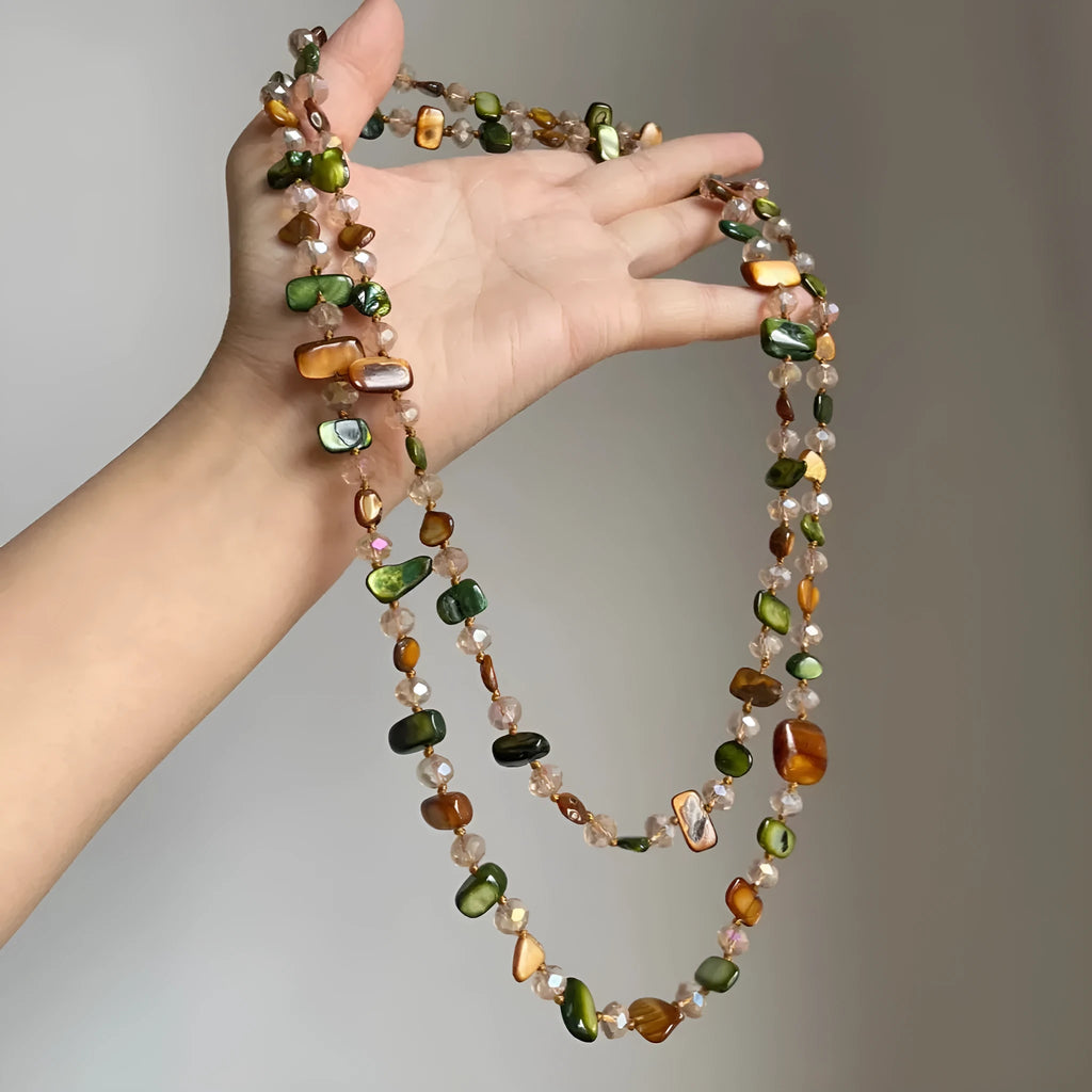 Retro bohemian coffee green double layer shell bead necklace with pearl shell pendant on regular chain