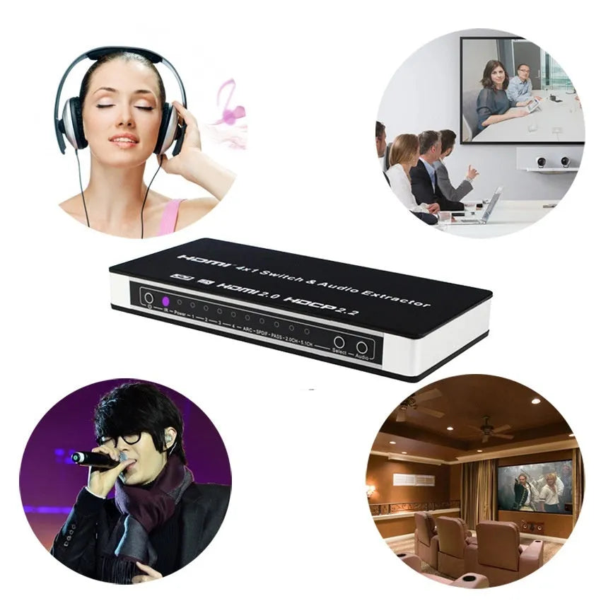 Black HDMI video switch with four inputs and one output, remote control, and power adapter