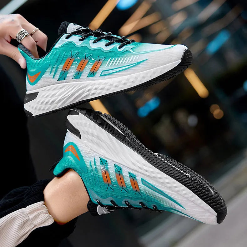 Fly-woven mesh thick-soled sports sneakers in blue and green – breathable lace-up men's walking running shoes