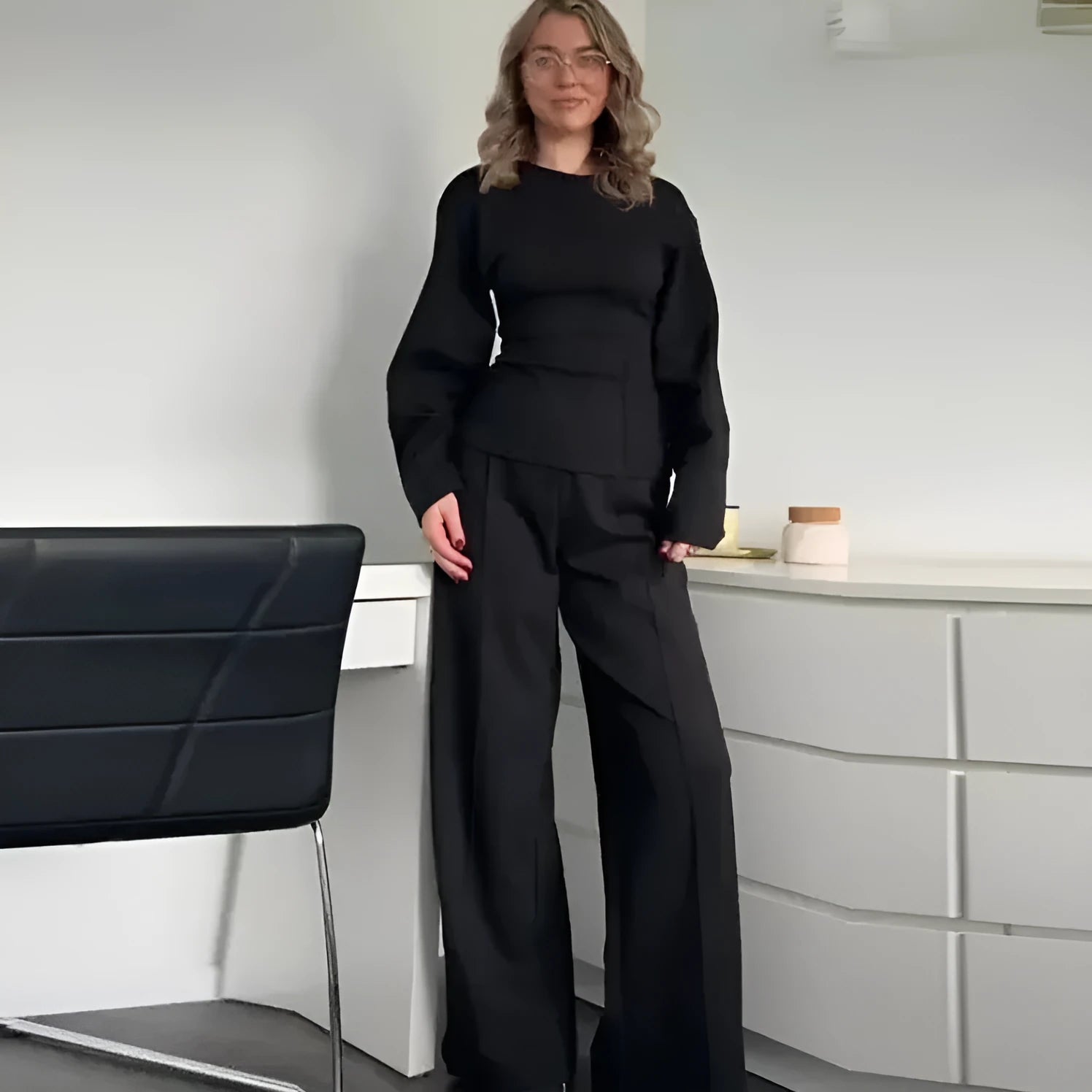 Women's polar fleece suit set showing long sleeve O-neck top with wide leg trousers in multiple colour options