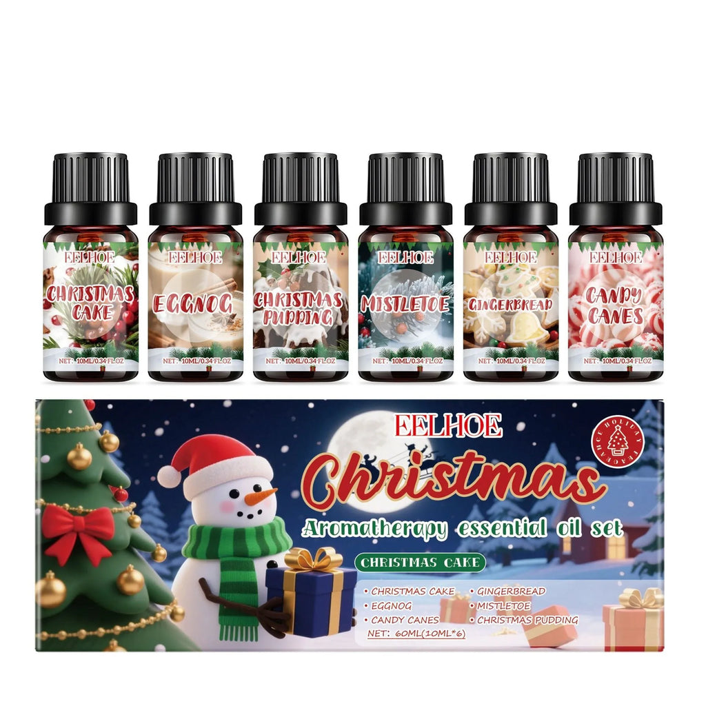 Christmas aromatherapy oil set showing six bottles in two sizes for seasonal home fragrance