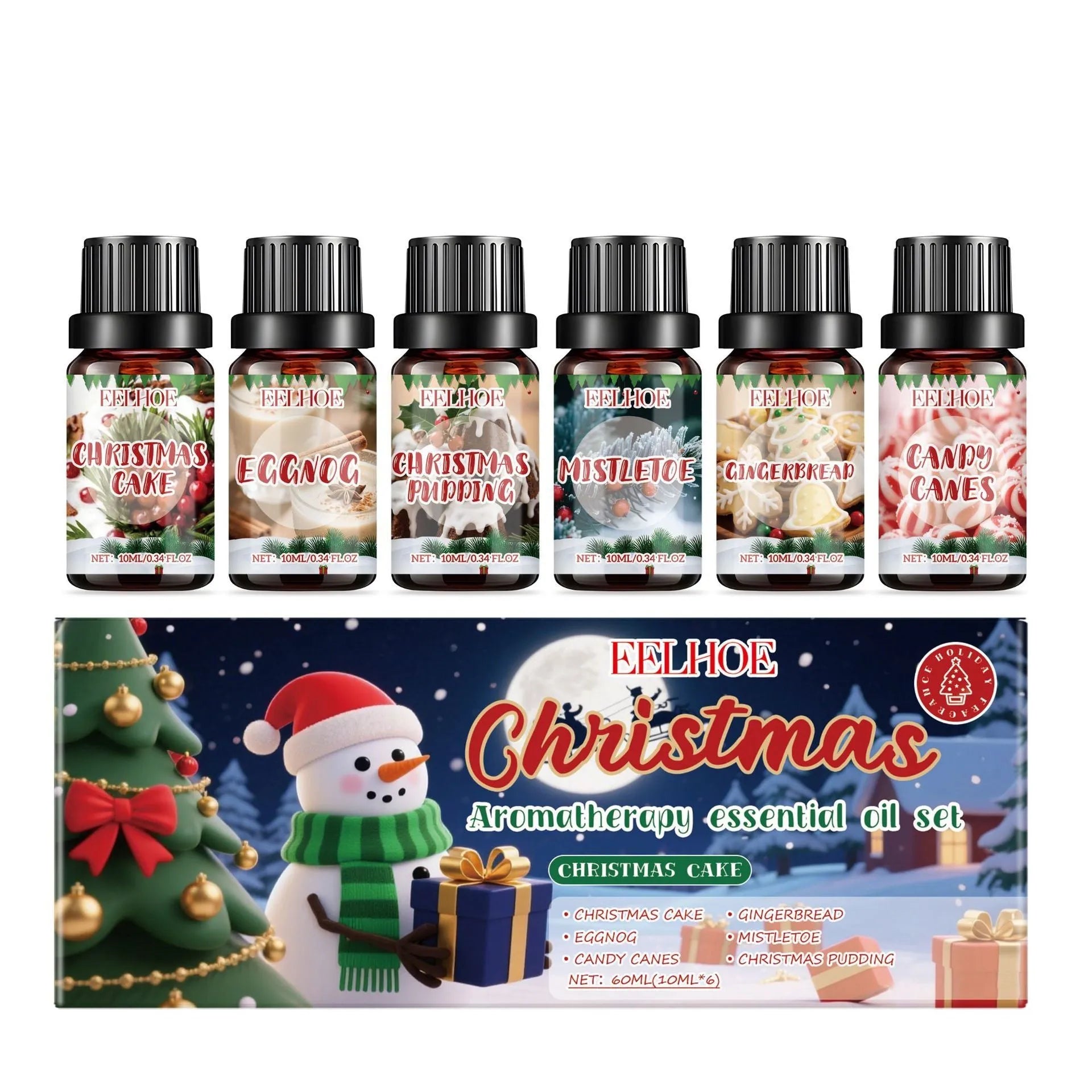 Christmas aromatherapy oil set showing six bottles in two sizes for seasonal home fragrance