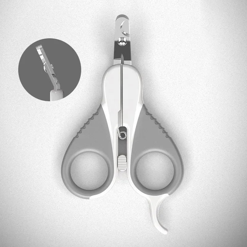 Grey cat nail clippers with safety guard and angled stainless steel blade