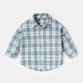 Boys' light blue cotton casual shirt with animal cartoon lattice print and long sleeves.