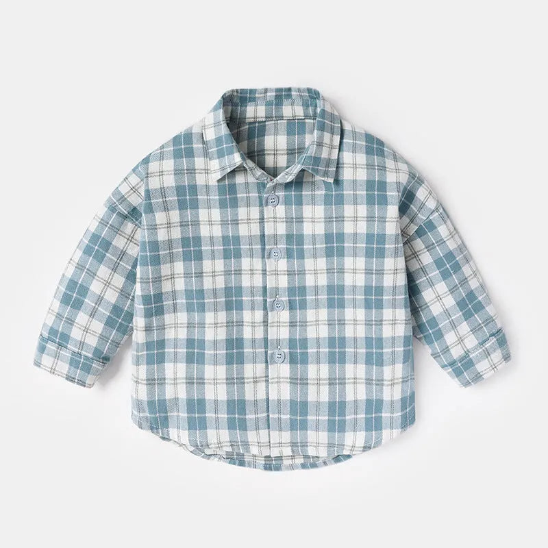 Boys' light blue cotton casual shirt with animal cartoon lattice print and long sleeves.