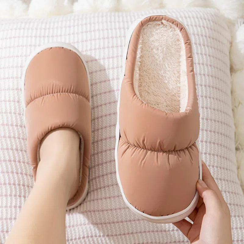 Artificial leather winter house slippers with thick rubber anti-slip soles and plush lining in blue colour