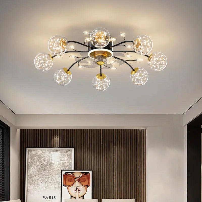 New Nordic Star fan lamp with crystal and iron, remote control, ceiling light for 10-15 square metre rooms