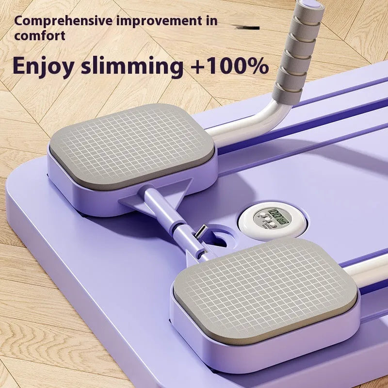 Purple fitness board with abdominal wheel and automatic rebound mechanism for home exercises