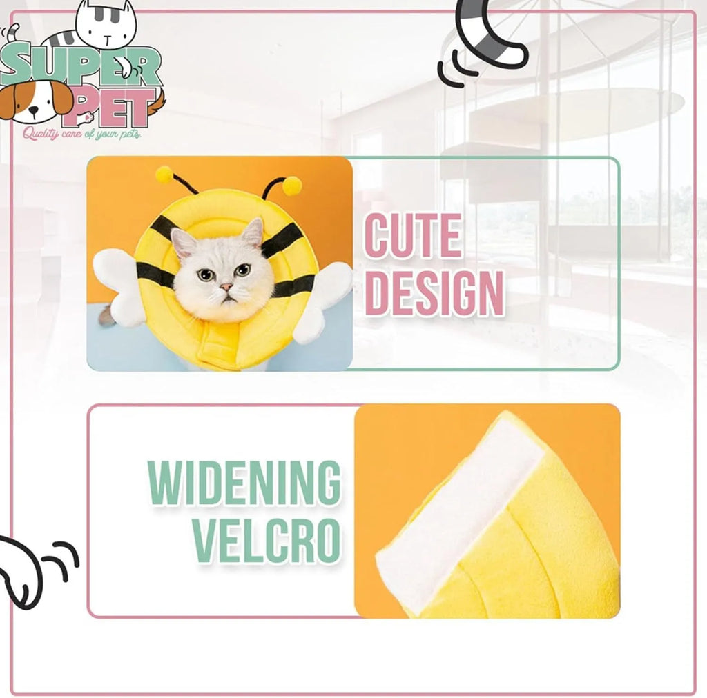 Soft cat cone collar with black and yellow bee design and adjustable Velcro strap.