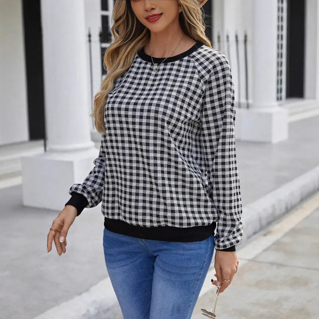 Black Japanese sweet plaid striped pullover sweater with long sleeves