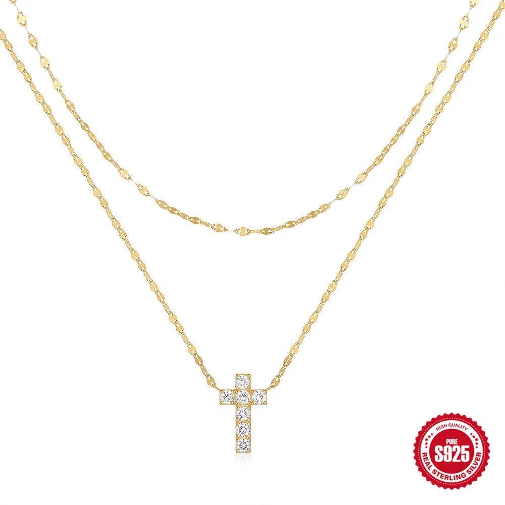 Sterling silver double layer twin diamond cross pendant necklace on clavicle chain