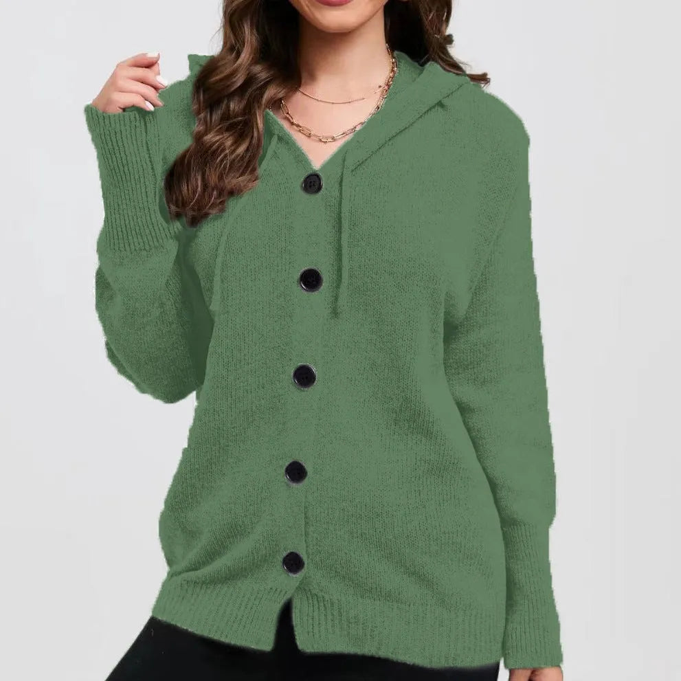 Women's solid colour hooded cardigan sweater in thick cotton fabric
