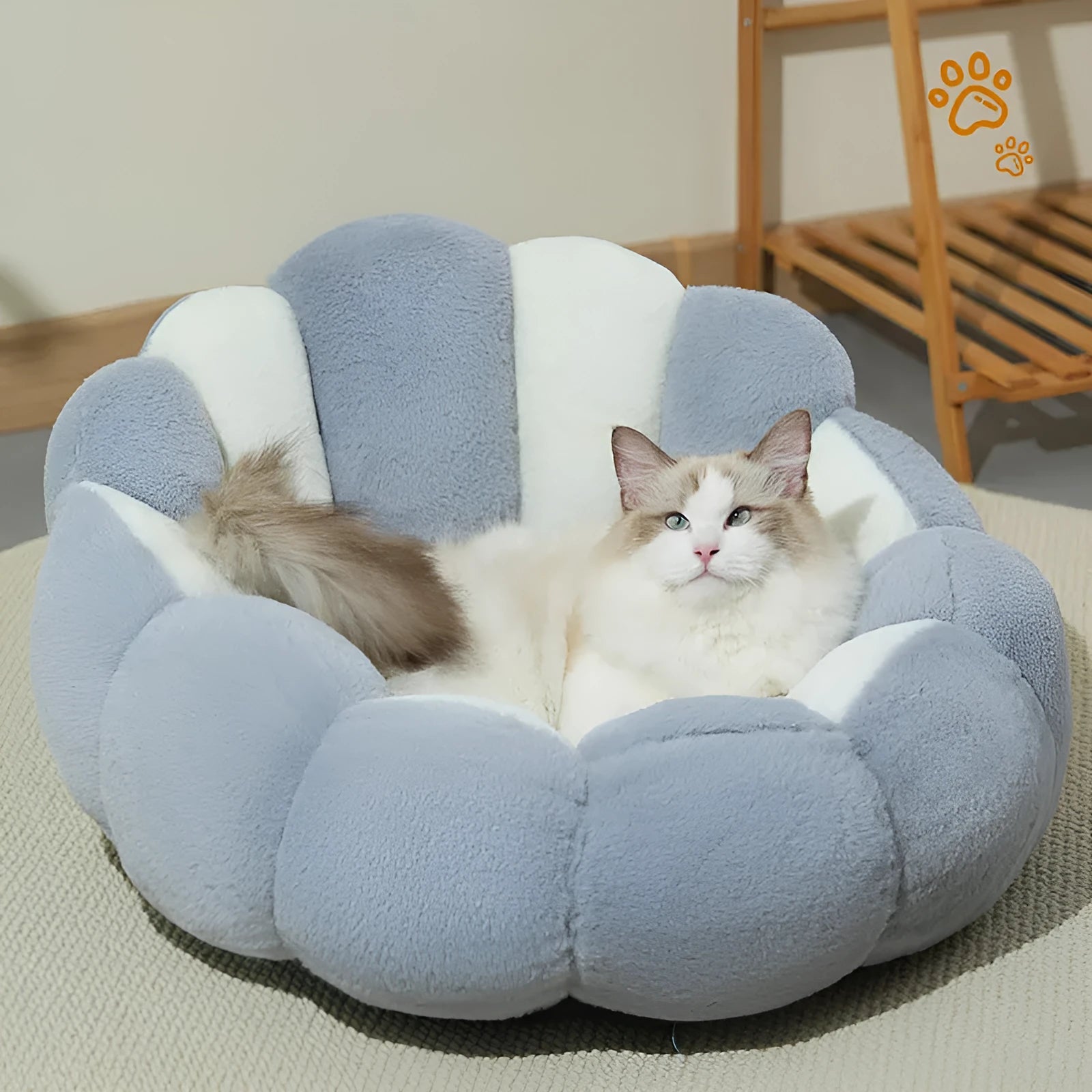 Grayish white cat kennel shell nest bed on floor with soft rabbit fur texture and PP cotton padding for small pets
