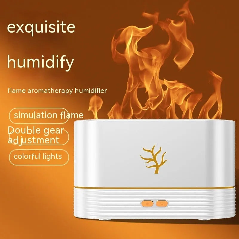 USB flame humidifier with realistic LED fire effect and timing in white colour on a desk