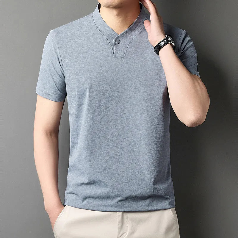 Young men's short sleeve zipper front T-shirt in khaki colour, regular fit, polyester blend fabric for summer casual wear