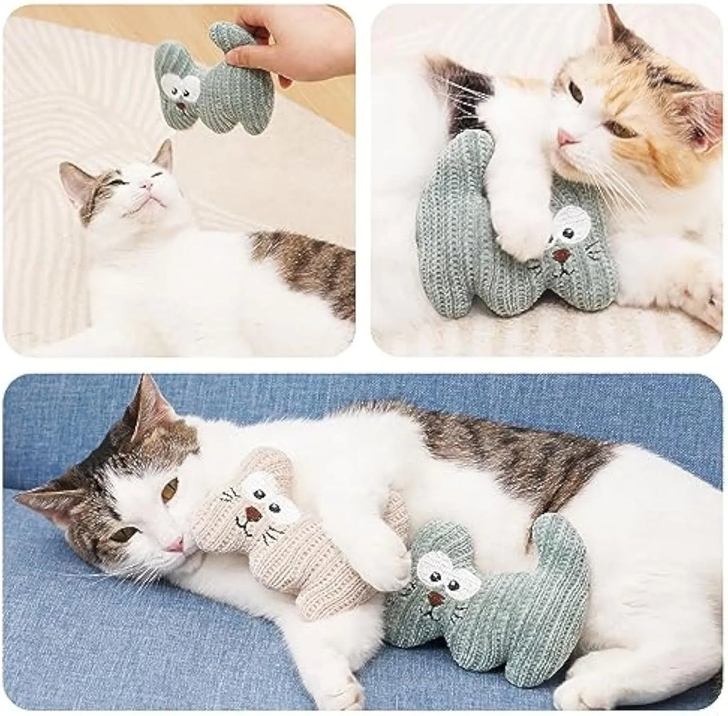 Cyan and light coffee plush cat chew toy with bell and catnip inside