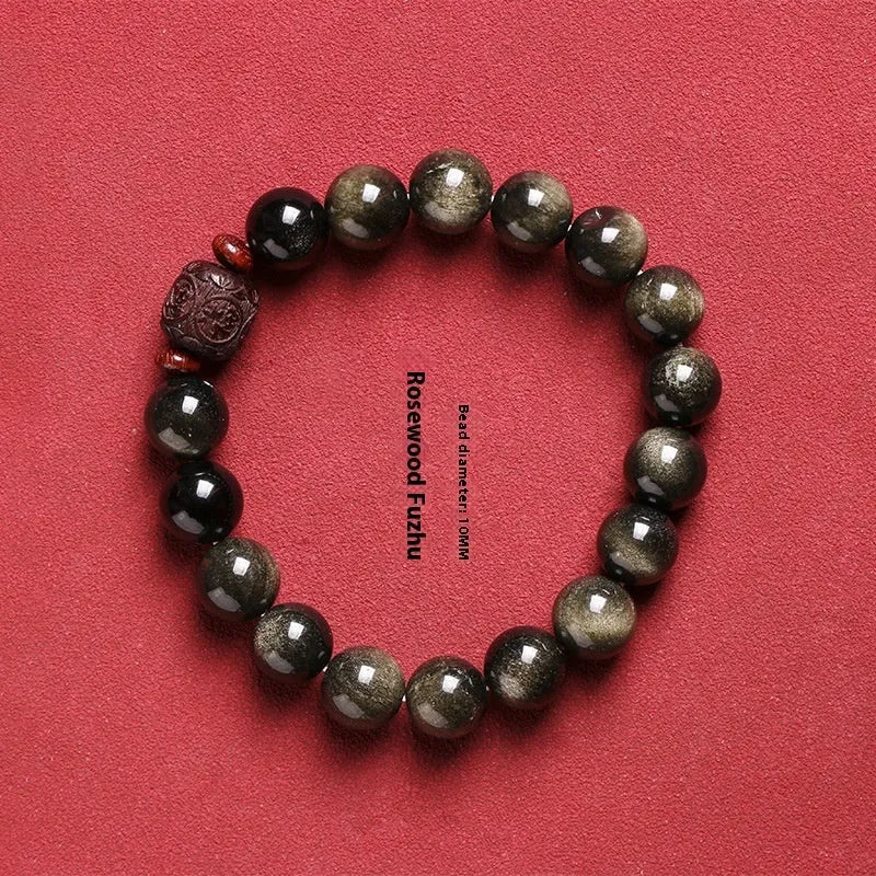 Unisex Golden Obsidian bracelet with 10mm round hand-woven beads in retro national style