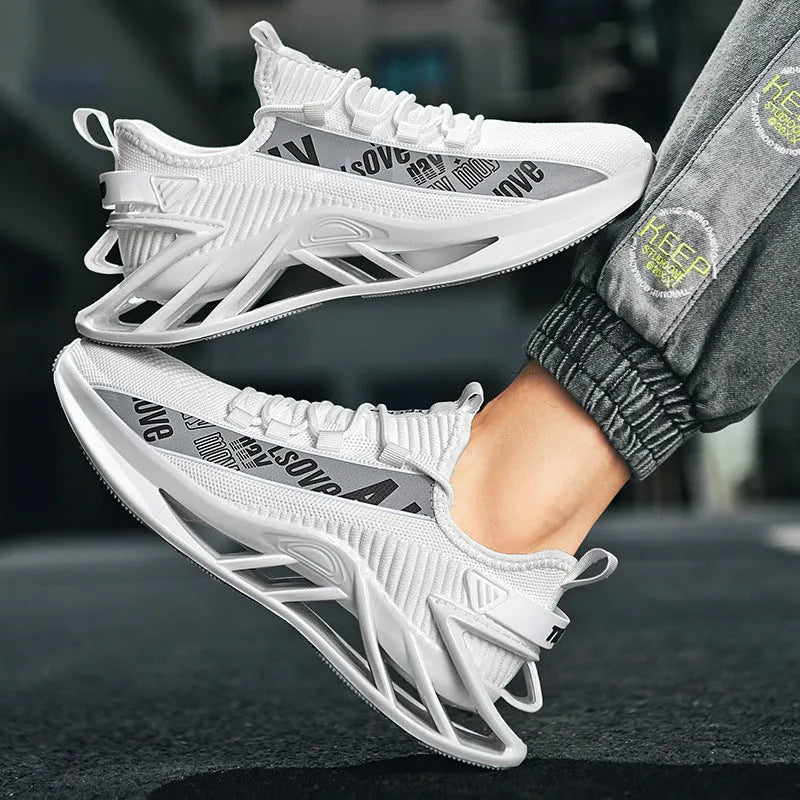 Fashion casual exercise fly woven mesh men's shoes in black, side view, breathable solid colour design