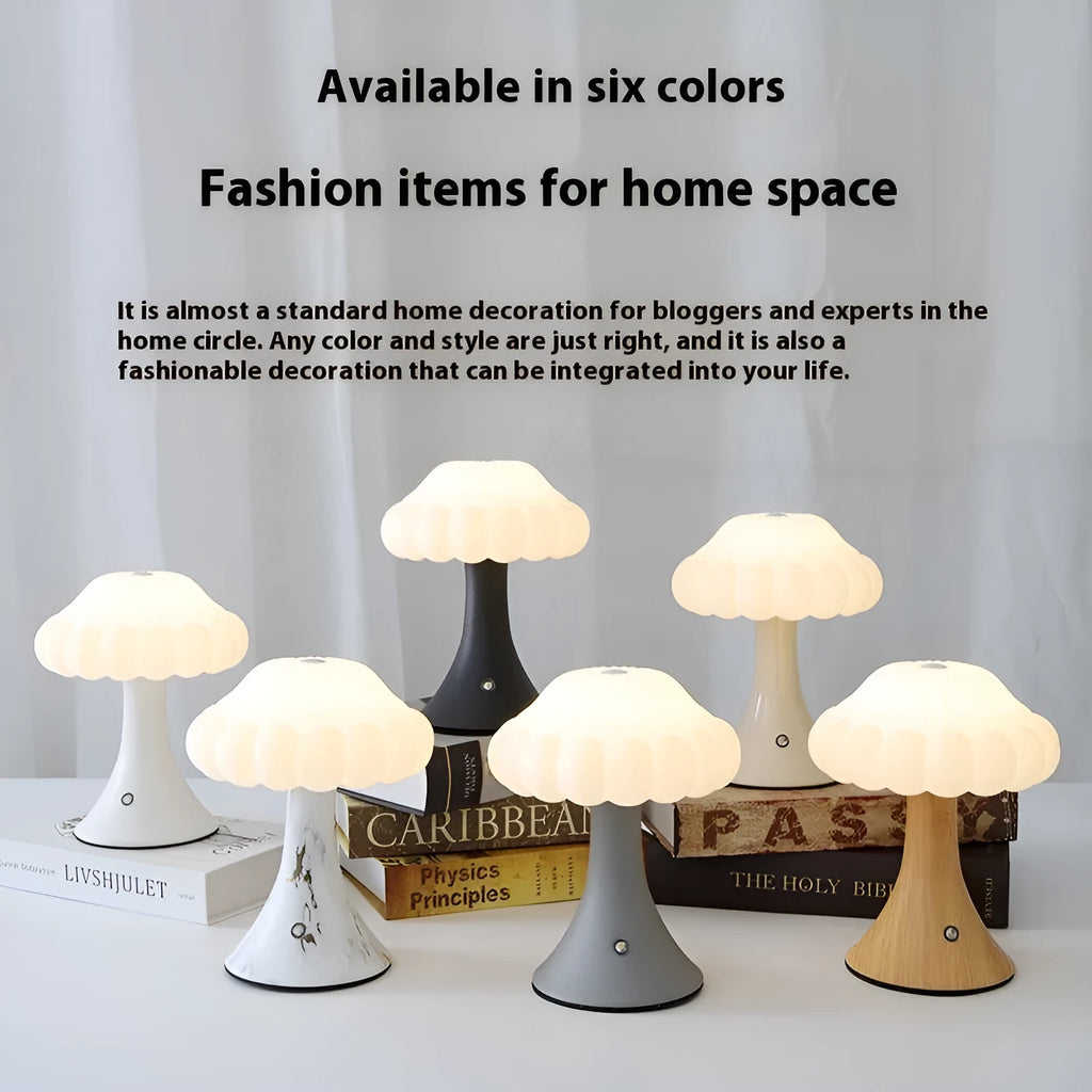 Mushroom-shaped touch night lamp with USB charging port in wood grain colour