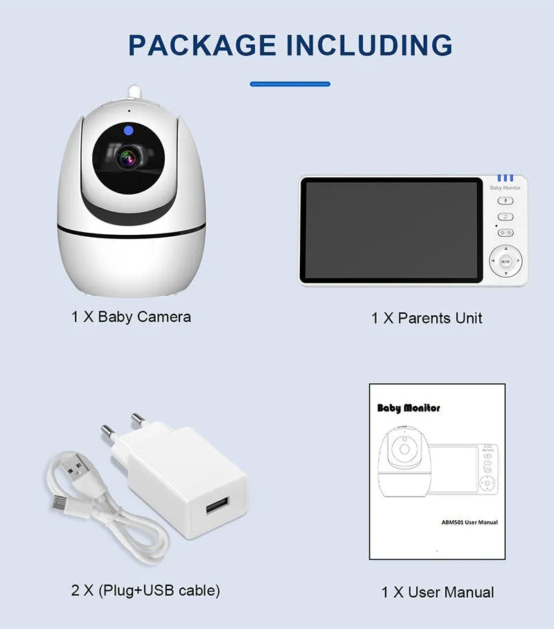 White HD wireless baby monitor with 5.0-inch LCD screen and camera on a nursery shelf