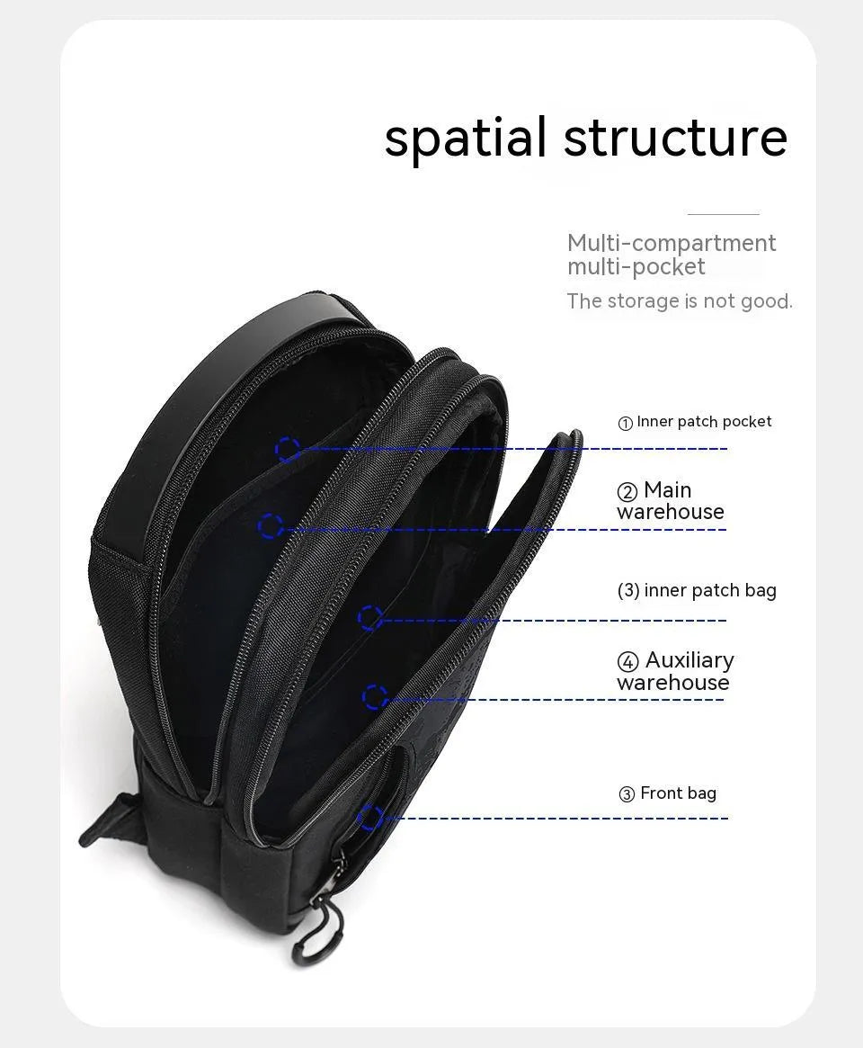 Casual black camouflage pattern chest pack with single shoulder strap and soft handle
