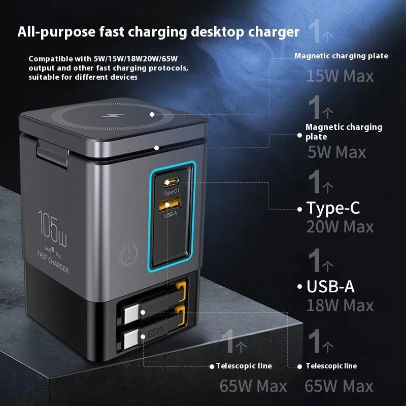 105W GaN magnetic wireless charger in black with interchangeable UK EU US AU power plugs